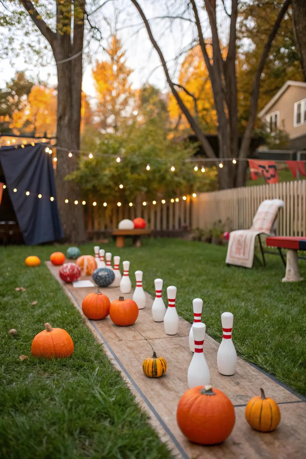 A lively pumpkin bowling game contributes amusement to the celebration.