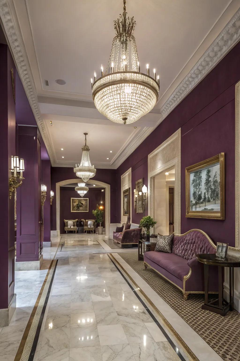 A lavish entry space adorned with deep purple walls.