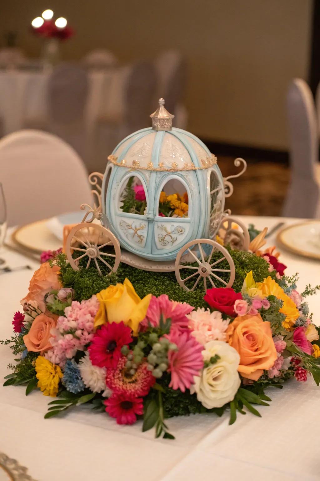 Fairytale carriages contribute a whimsical fairytale aspect to the decorations.