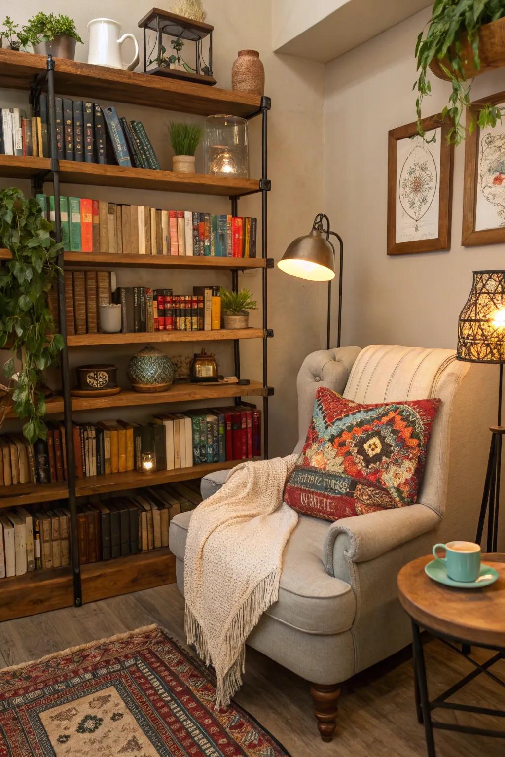 A comfortable and eclectic reading corner for book enthusiasts.
