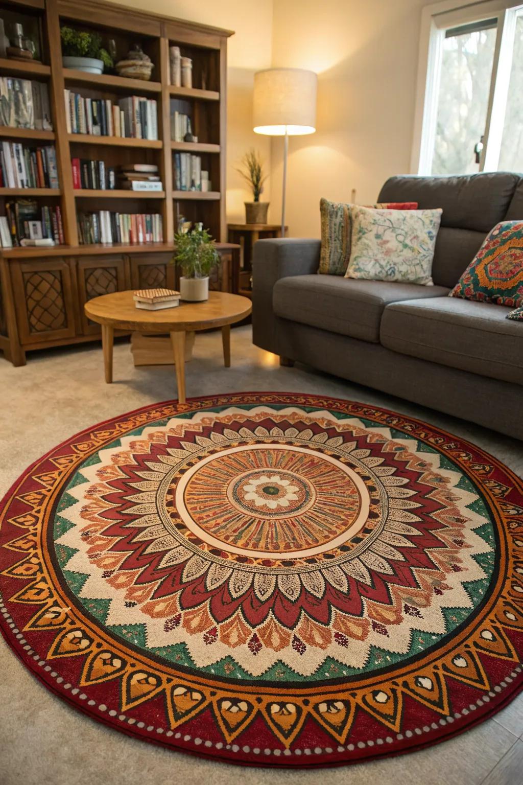 A living room centered around a radial design rug.