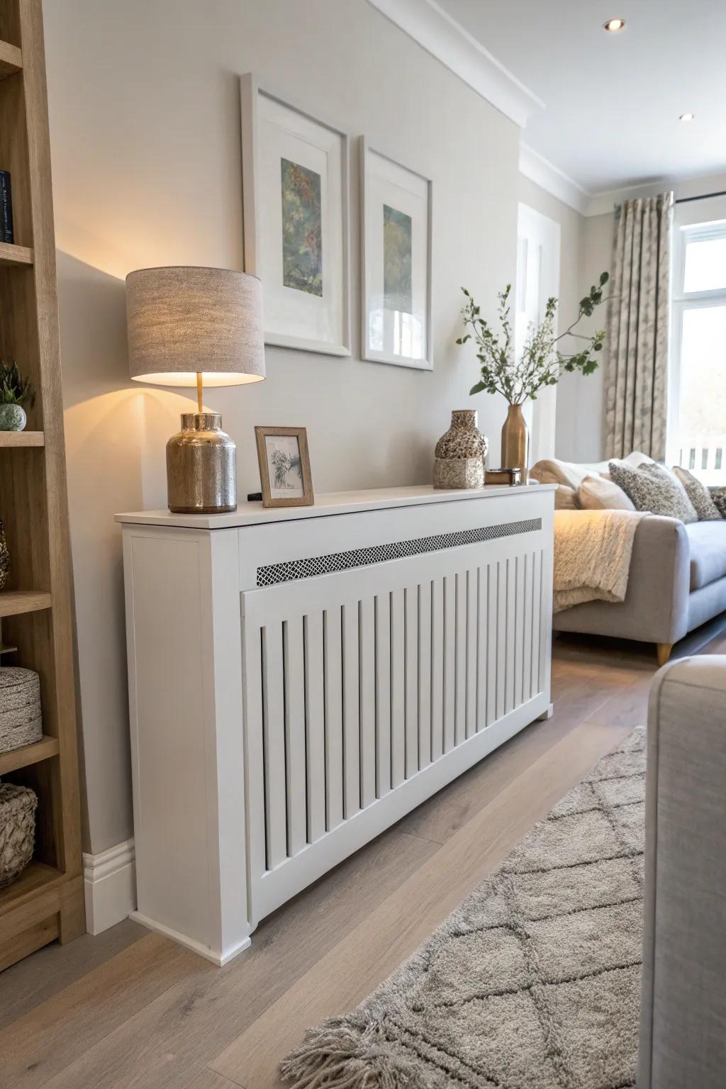 A minimalist radiator concealment enhances the clean aesthetic of a modern living space.