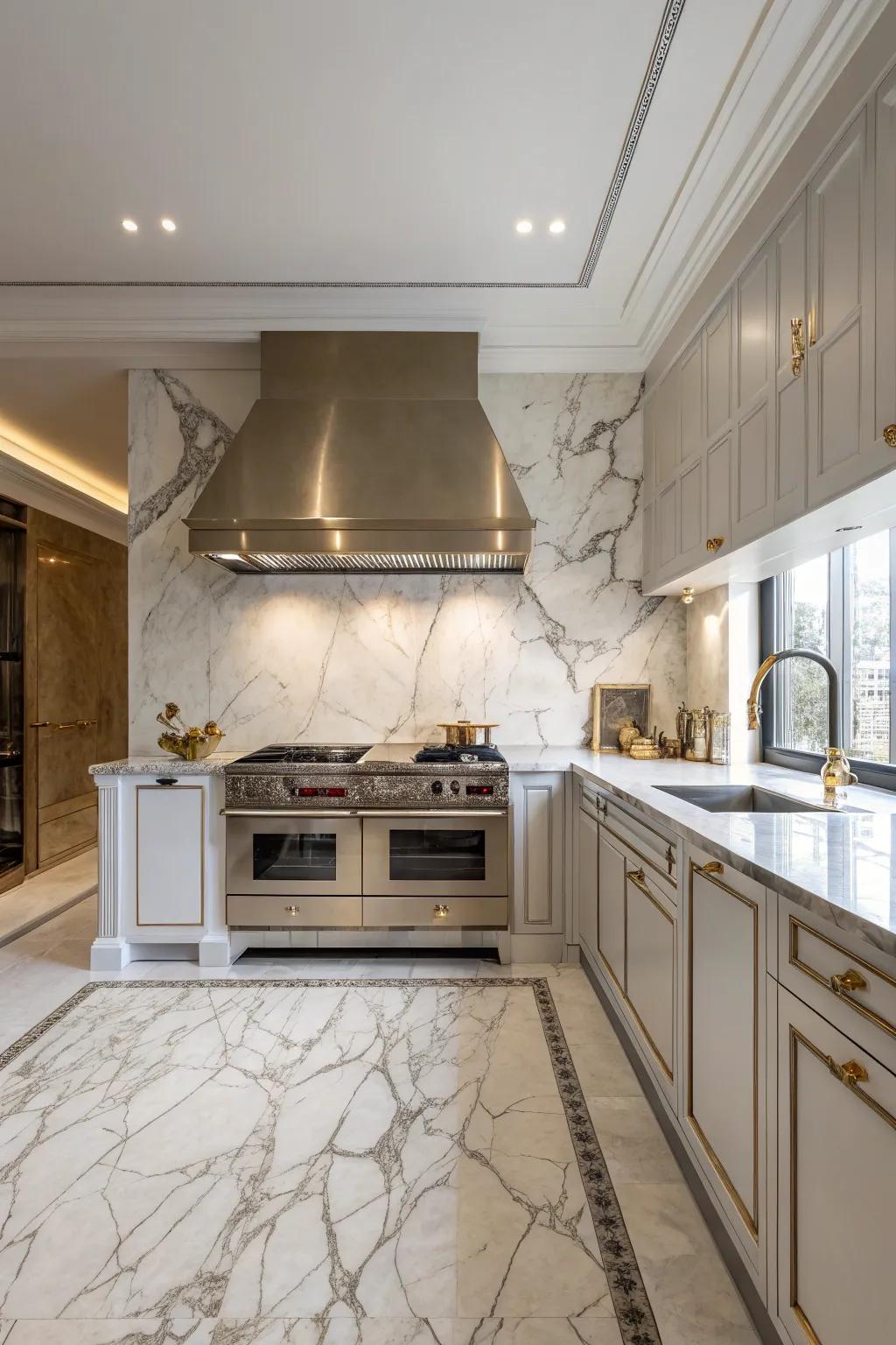 Luxurious kitchen featuring a marble backsplash with a matching range hood for an elegant touch.