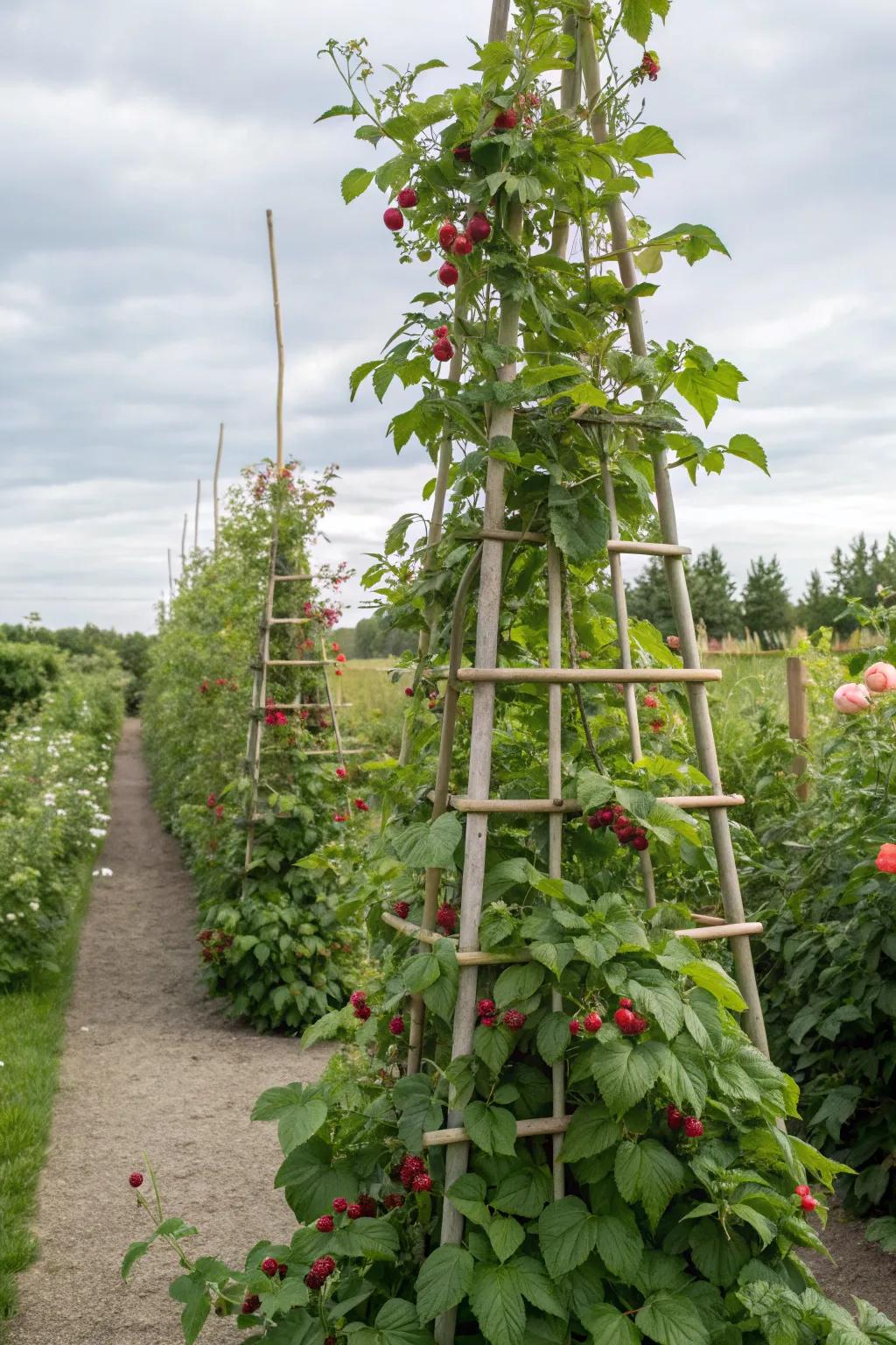 A vertical trellis promotes upward growth and sunlight capture.