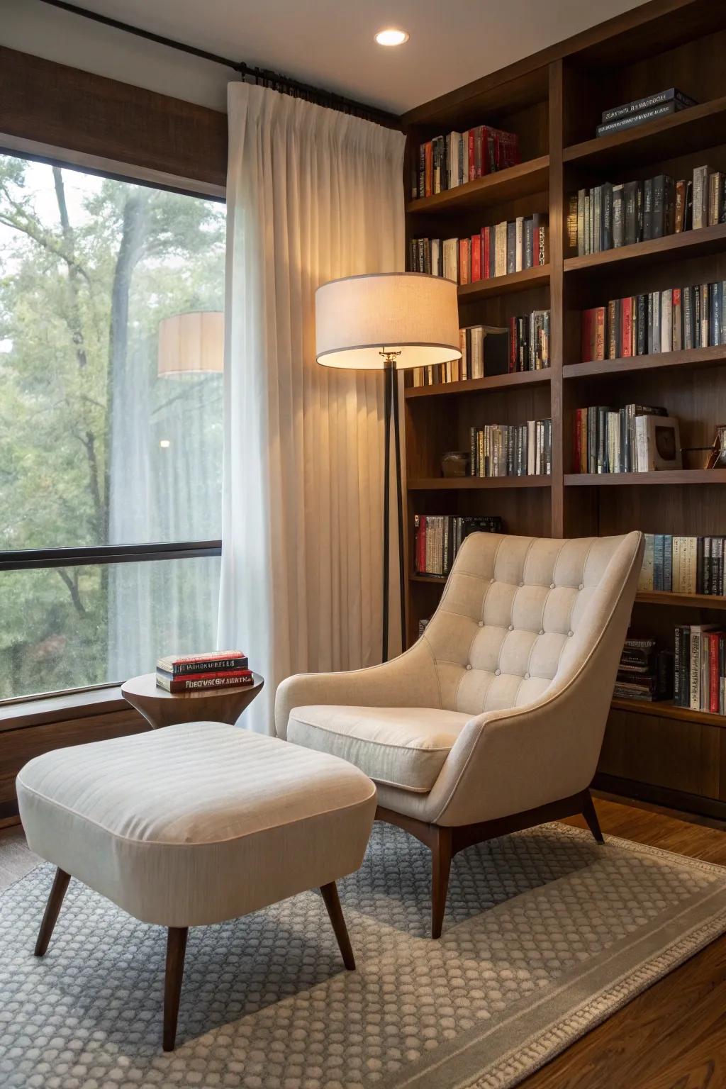 A reading nook with a blend of retro elegance.