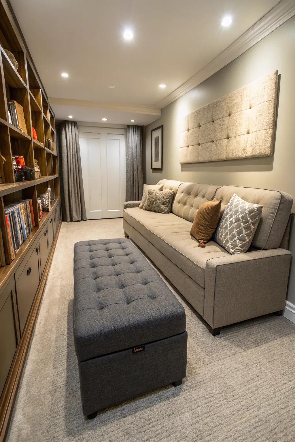 Multi-purpose furnishings makes the most of functionality in slim areas.