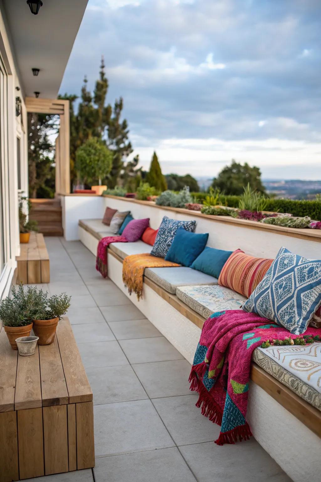 Integrated benches offer comfort and style.