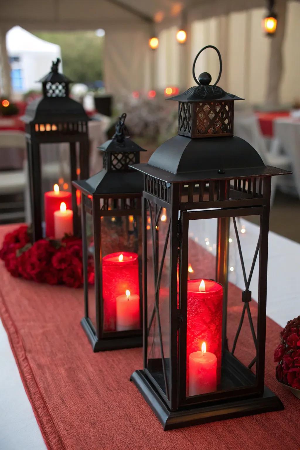 Ebony lamps with scarlet flames fashion a warm and inviting centerpiece.