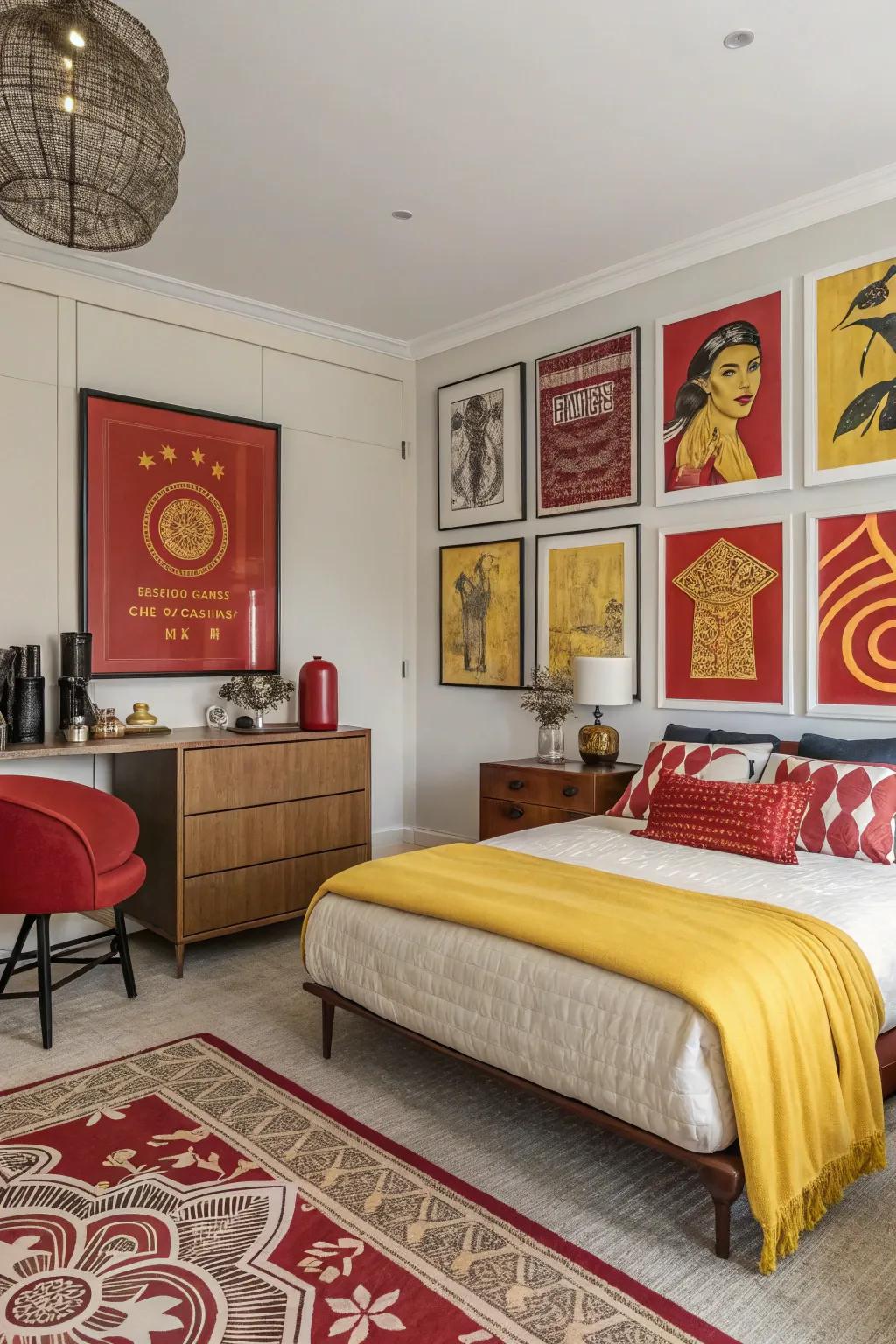 Art pieces in crimson and gold serve as a focal point, tying the room's design elements together.