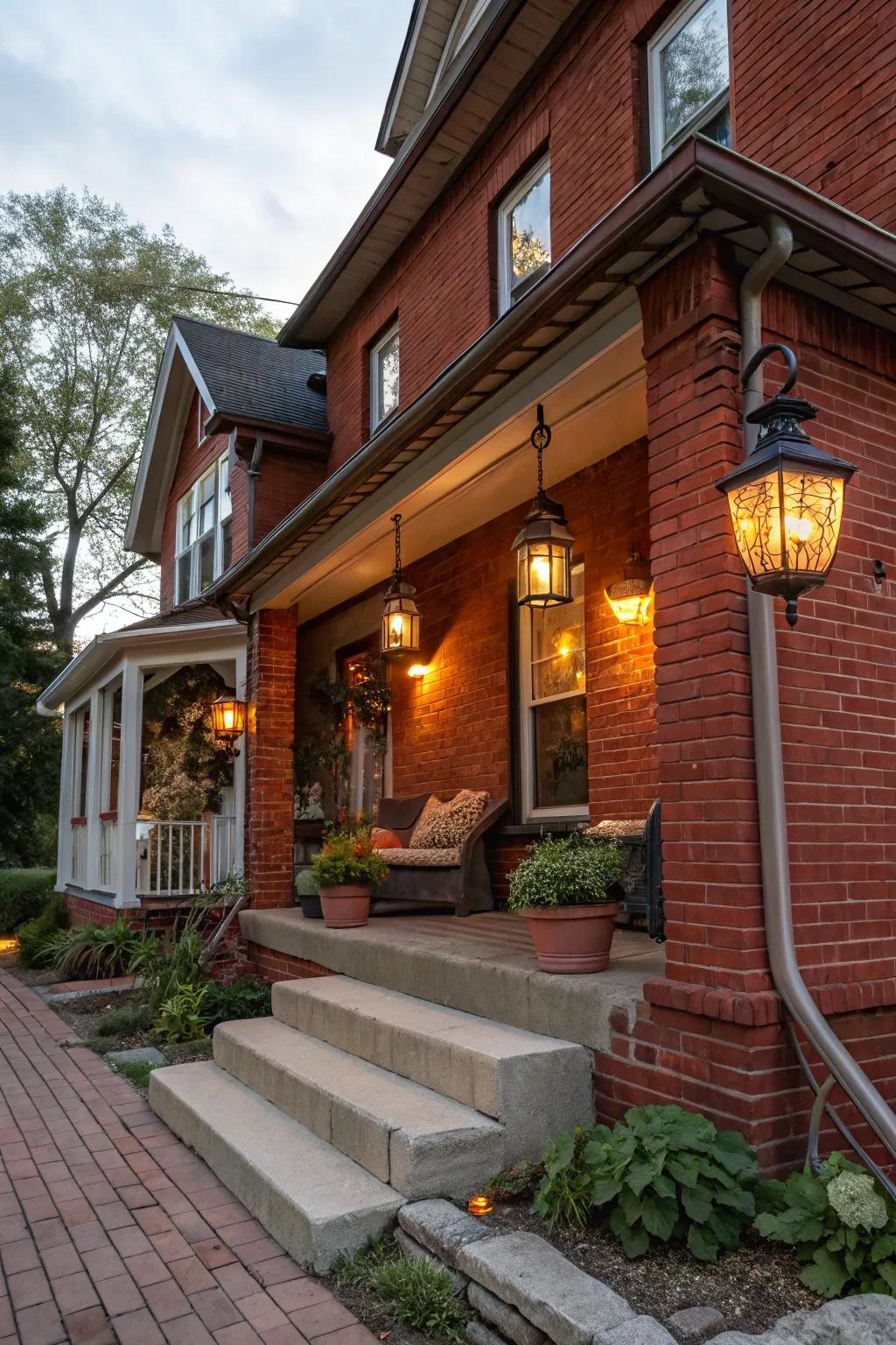 Vintage lanterns cast a nostalgic glow on this red brick porch.