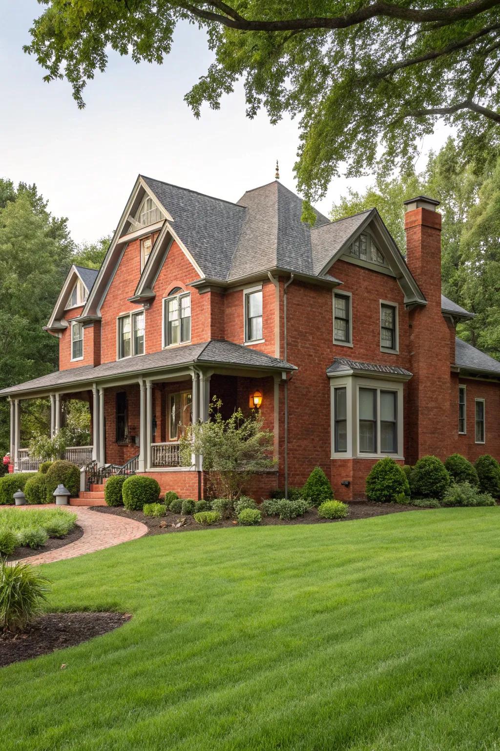 Warm metal trim delivers a harmonious and elegant look to crimson brick exteriors.