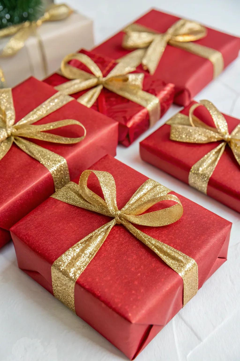 Exquisitely covered presents in celebratory red and gold.