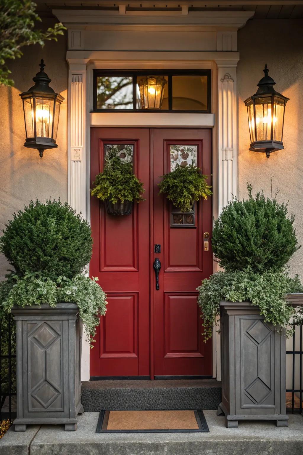Symmetrically styled scarlet door with matching decor elements.