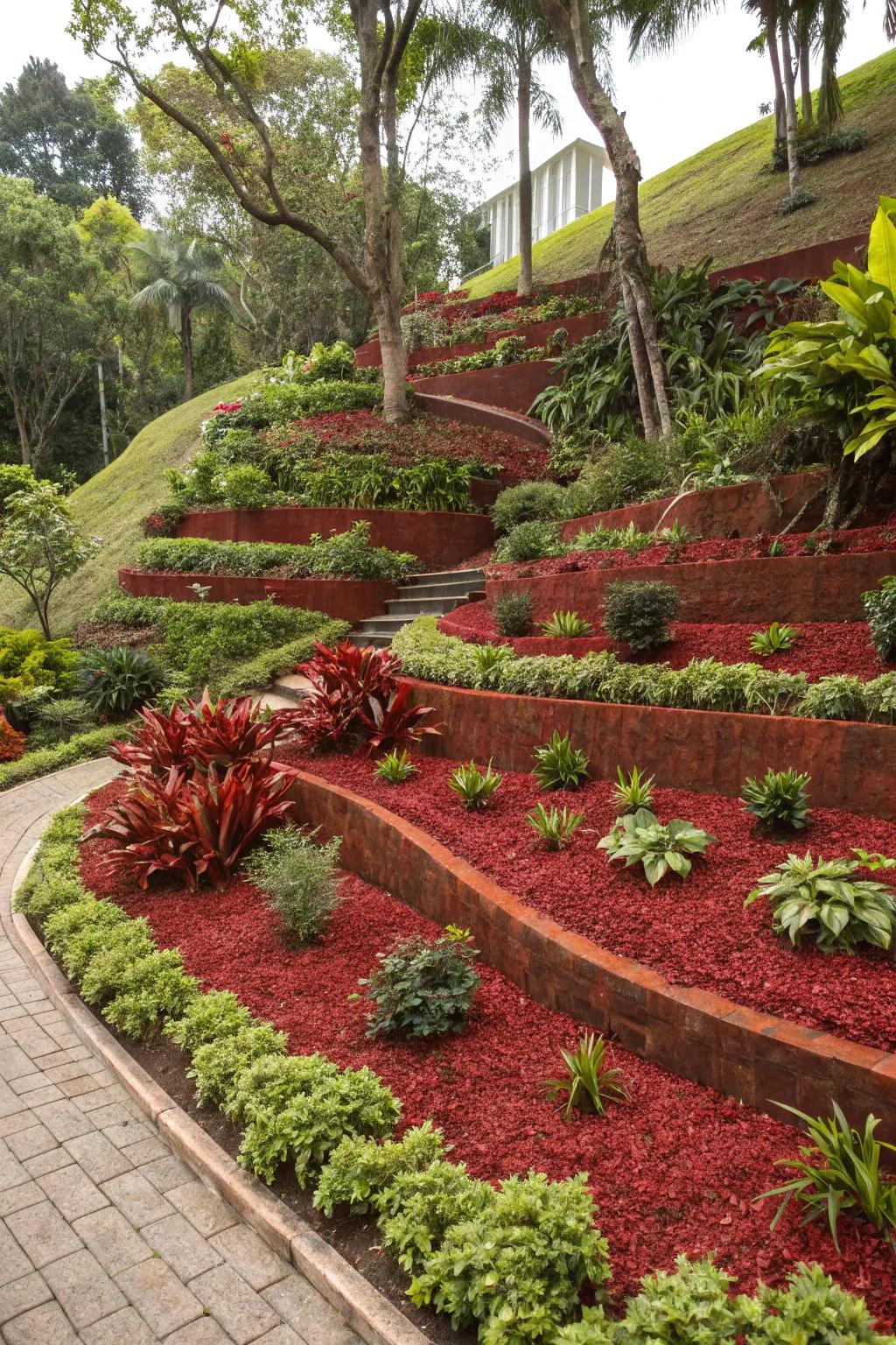 Garnet ground cover in tiered gardens imparts depth and a structured presence.