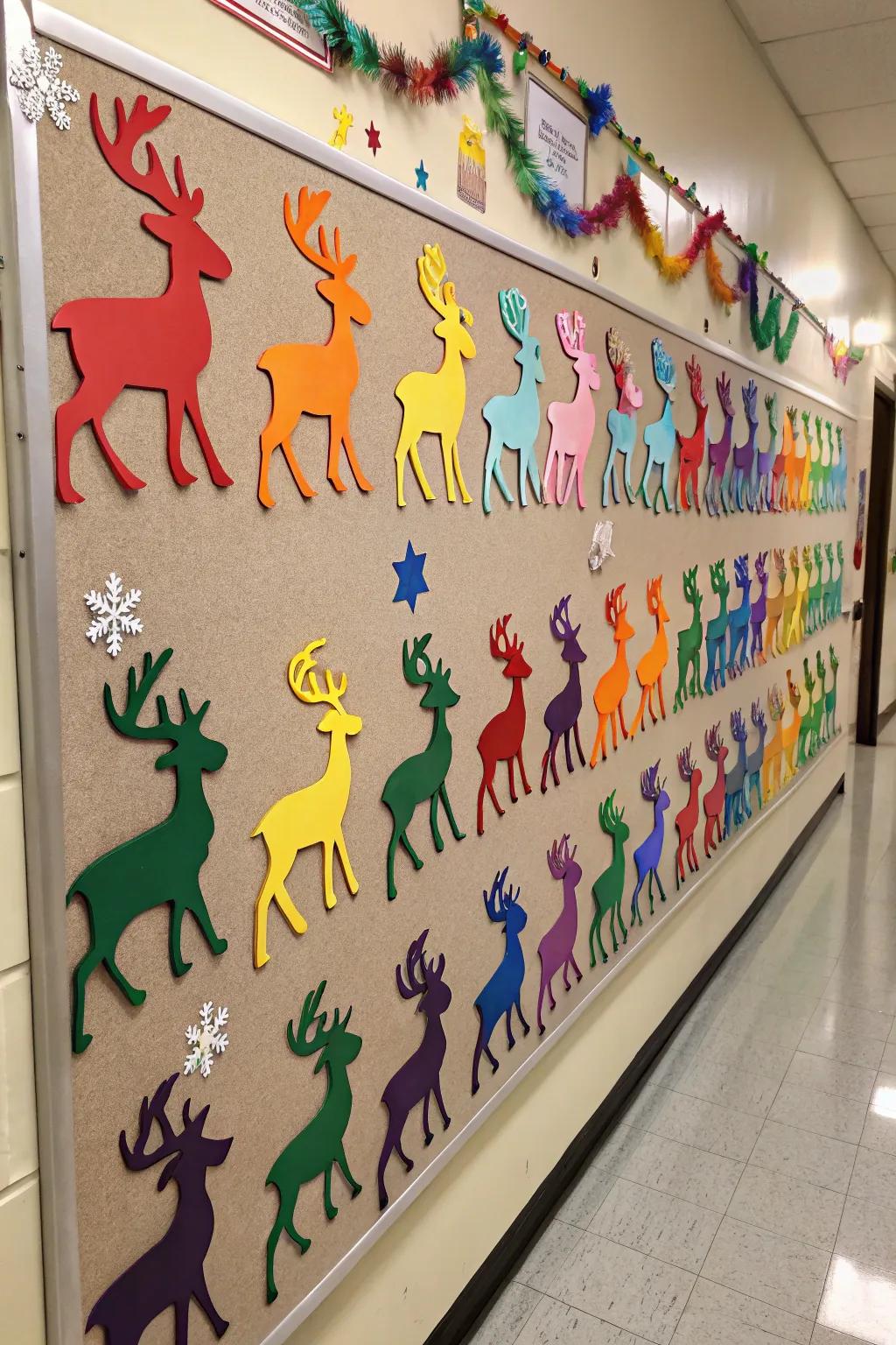 A vibrant reindeer parade adds colorful cheer to your decor.