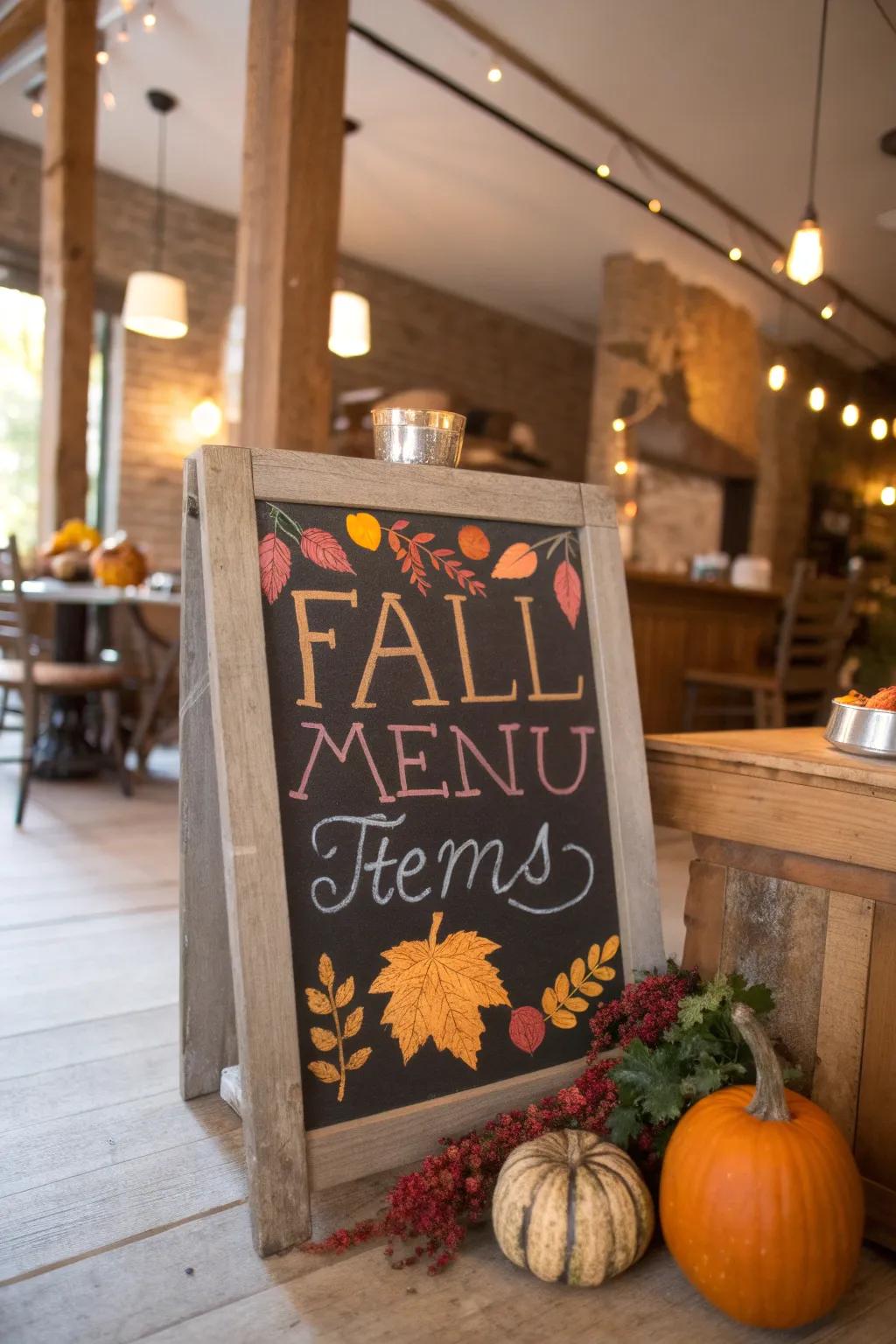 A chalkboard dressed in fall-themed decorations, bringing seasonal charm to the restaurant.