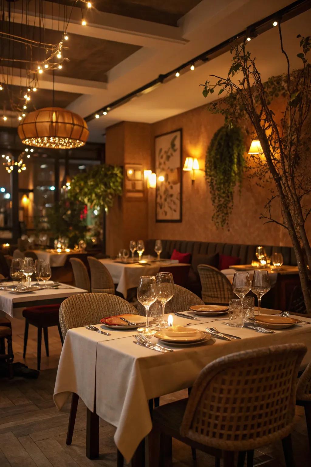 Mood lighting sets the vibe for a cozy and welcoming meal.