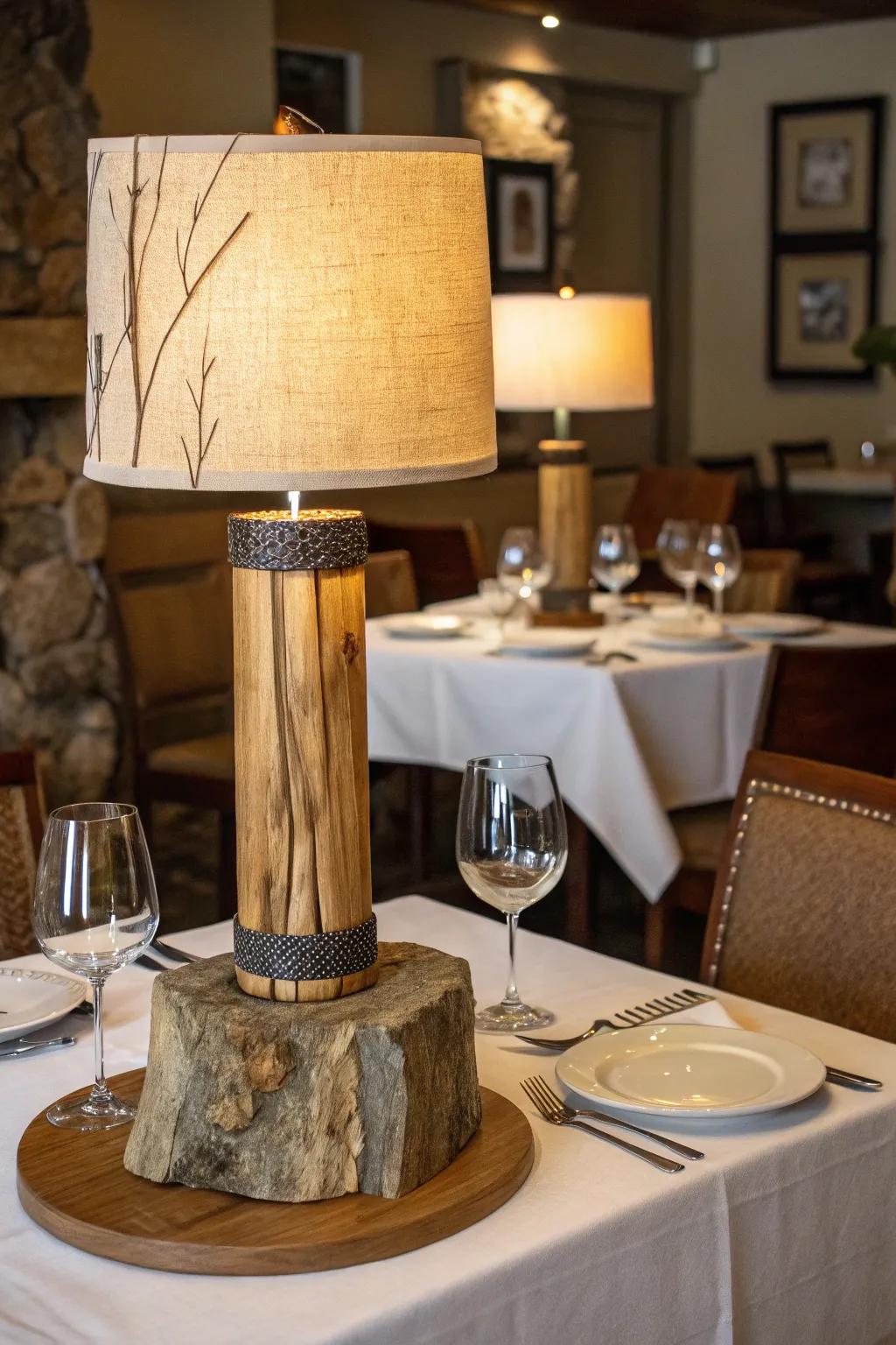 A table lamp inspired by nature, featuring wood and stone elements on a restaurant table.