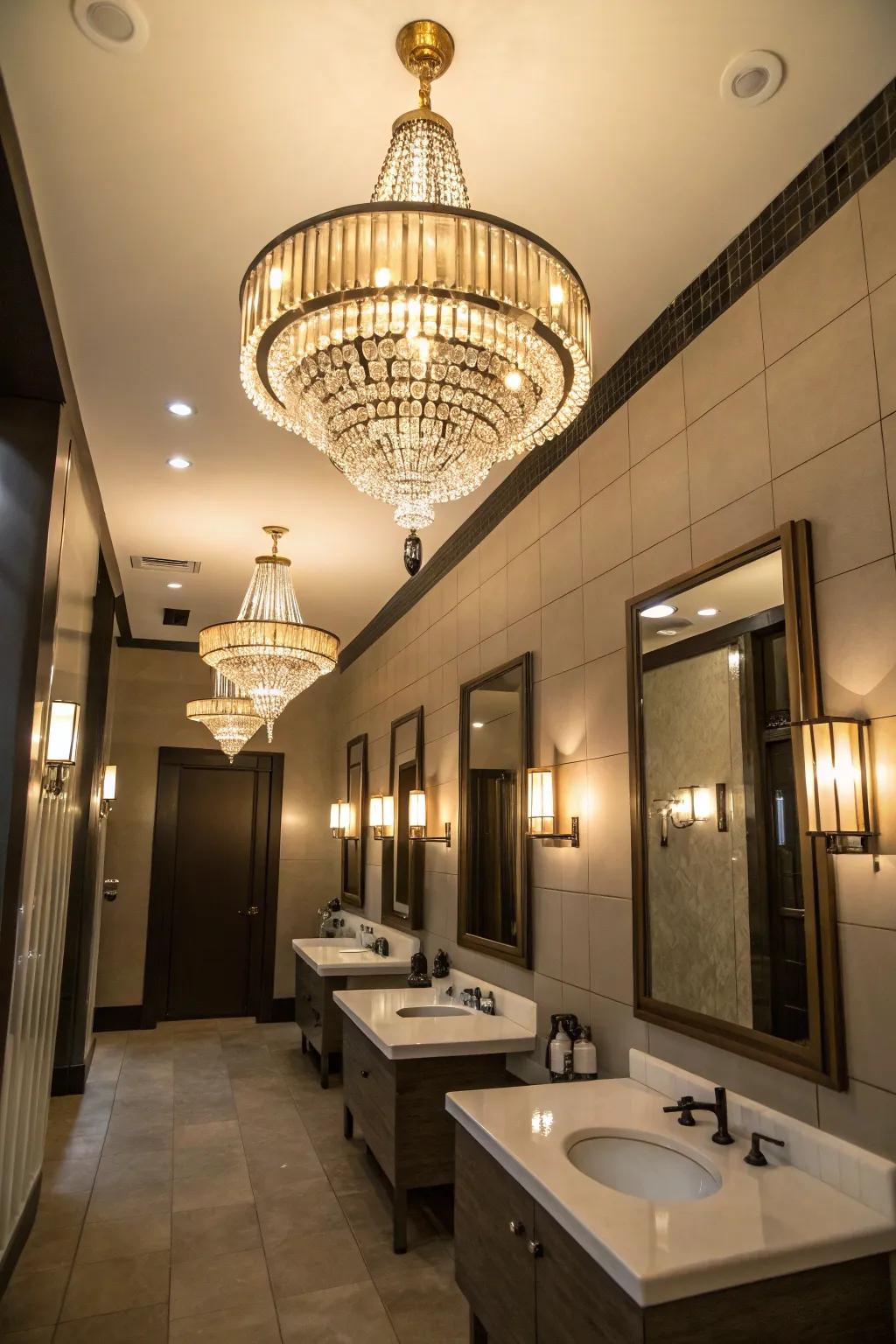 Statement lighting changes this bathroom into a sophisticated space.