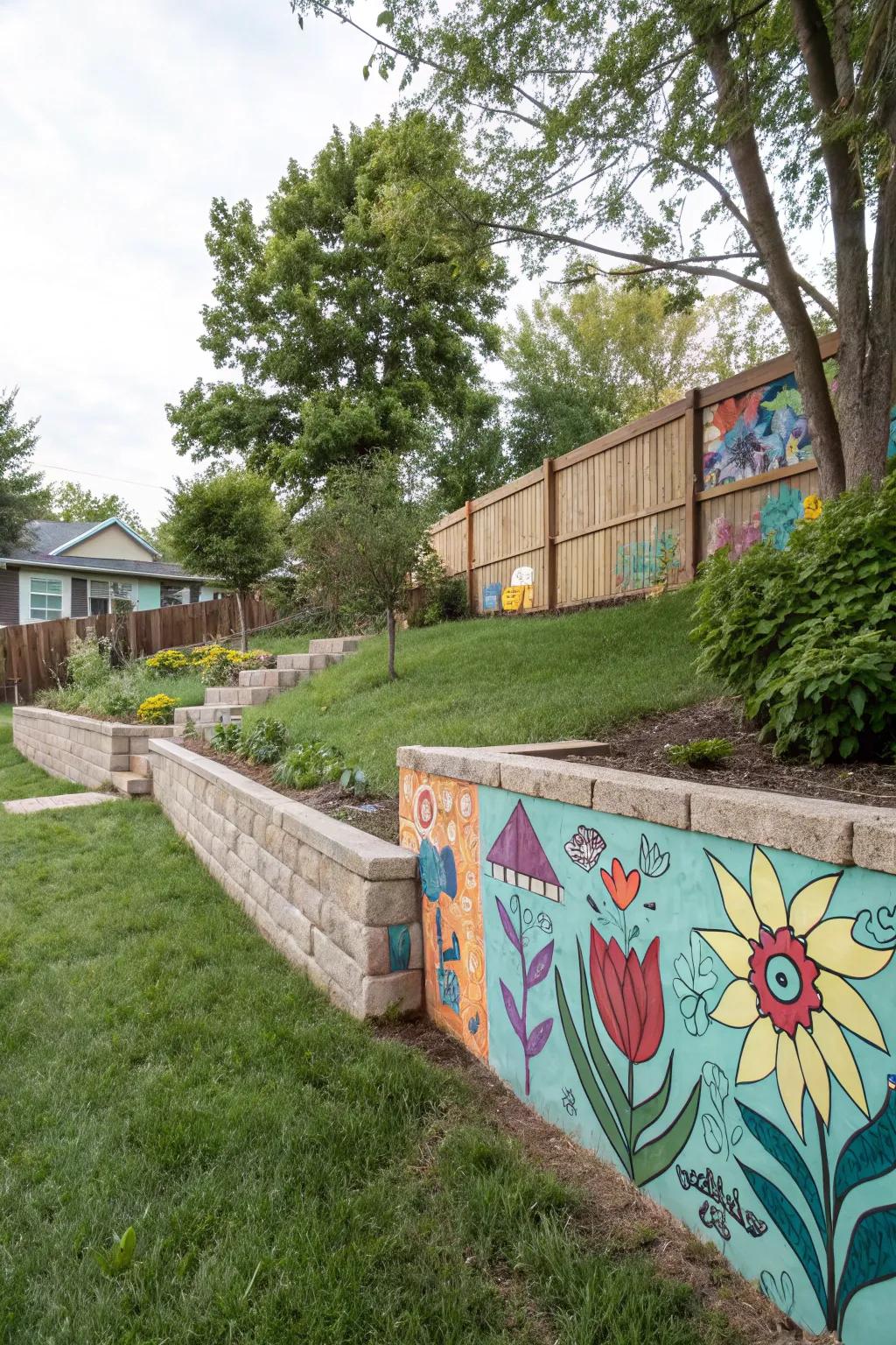 A backyard retaining structure transformed into a colorful mural.