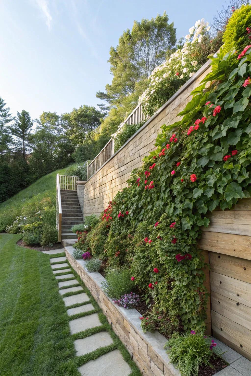 Vertical gardens introduce a burst of vitality and hue to structural elements.