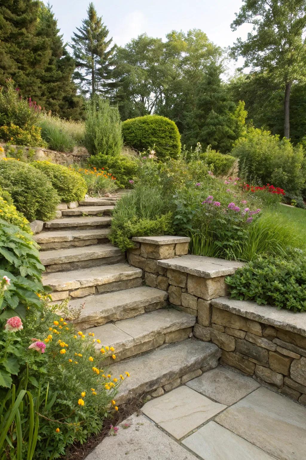 Integrated steps provide both utility and beauty to retaining walls.