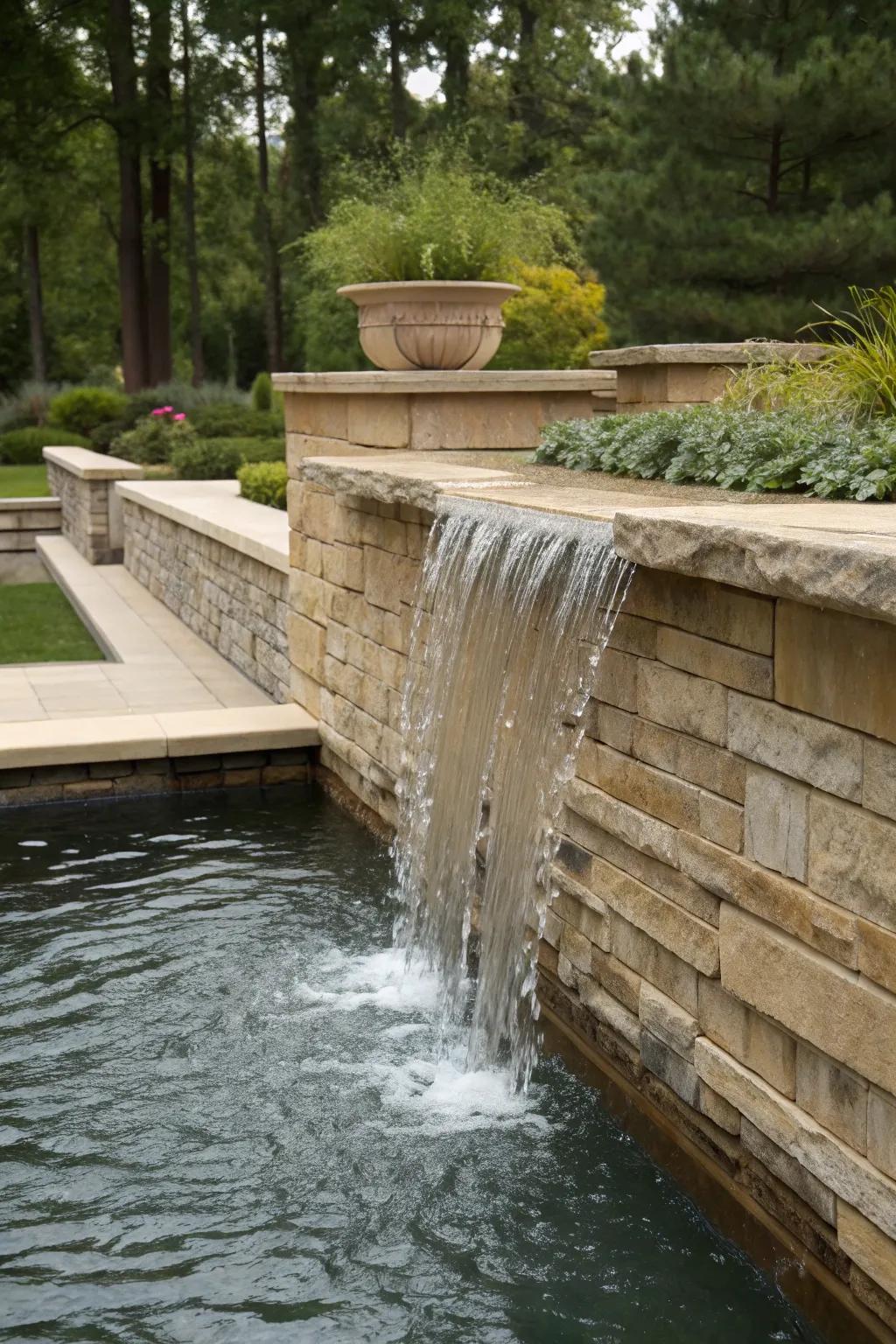 Waterfall built into a retaining wall for a spa-like setting.