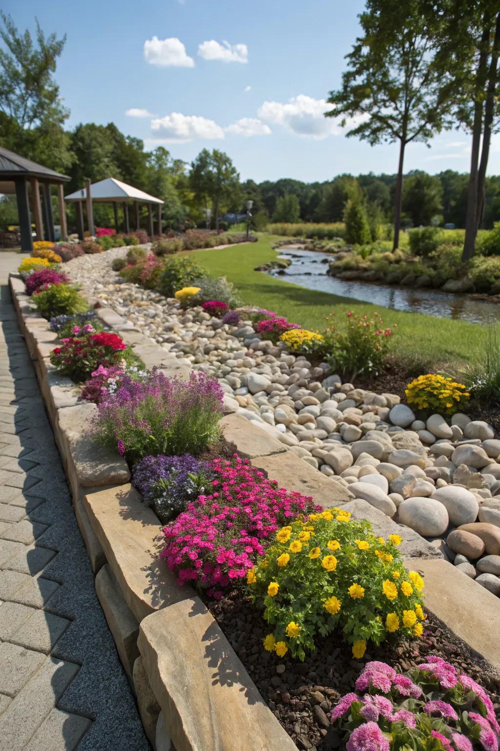 Smooth stone borders bring structure and sophistication to vibrant garden beds.