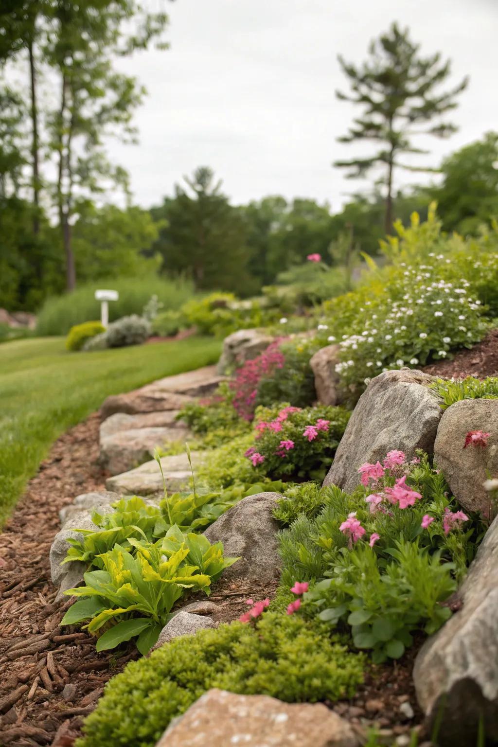 Lush greenery injects life into stone and groundcover designs.