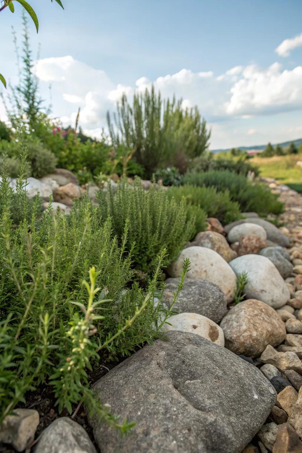 A rock garden bursting with aromatic herbs creates a delightful sensory experience.