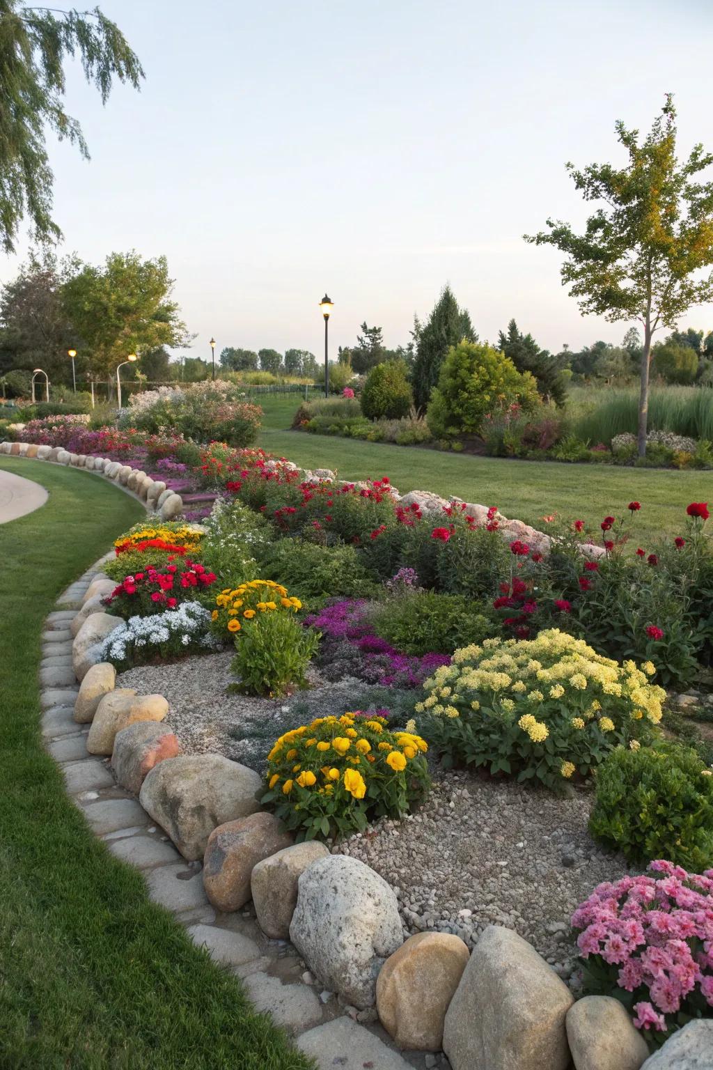 Stone edges provide structure and contrast against vibrant plants.