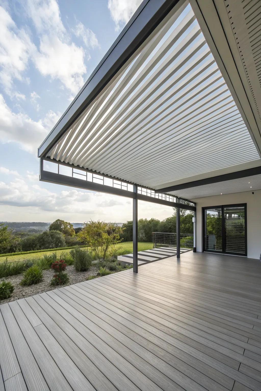 A slat roof system provides high-tech control over your deck's environment.