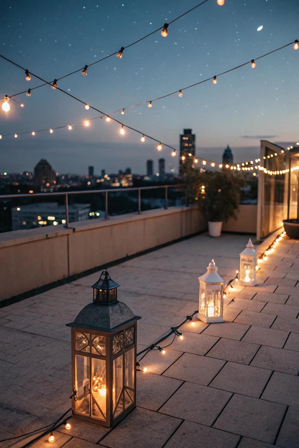 Enchanting rooftop lighting for an evening atmosphere.