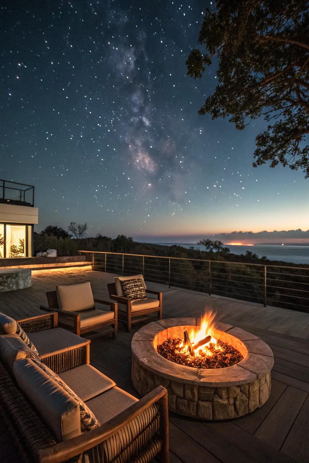 A fire pit provides a warm and inviting setting on the rooftop.