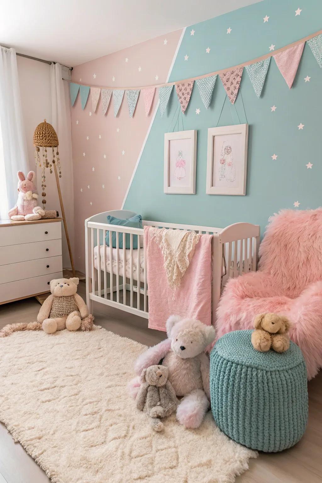 A pastel-themed nursery with soft colors and cozy elements.