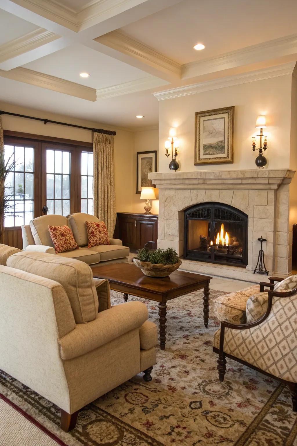 A living room designed to highlight the fireplace, making it the main focus.