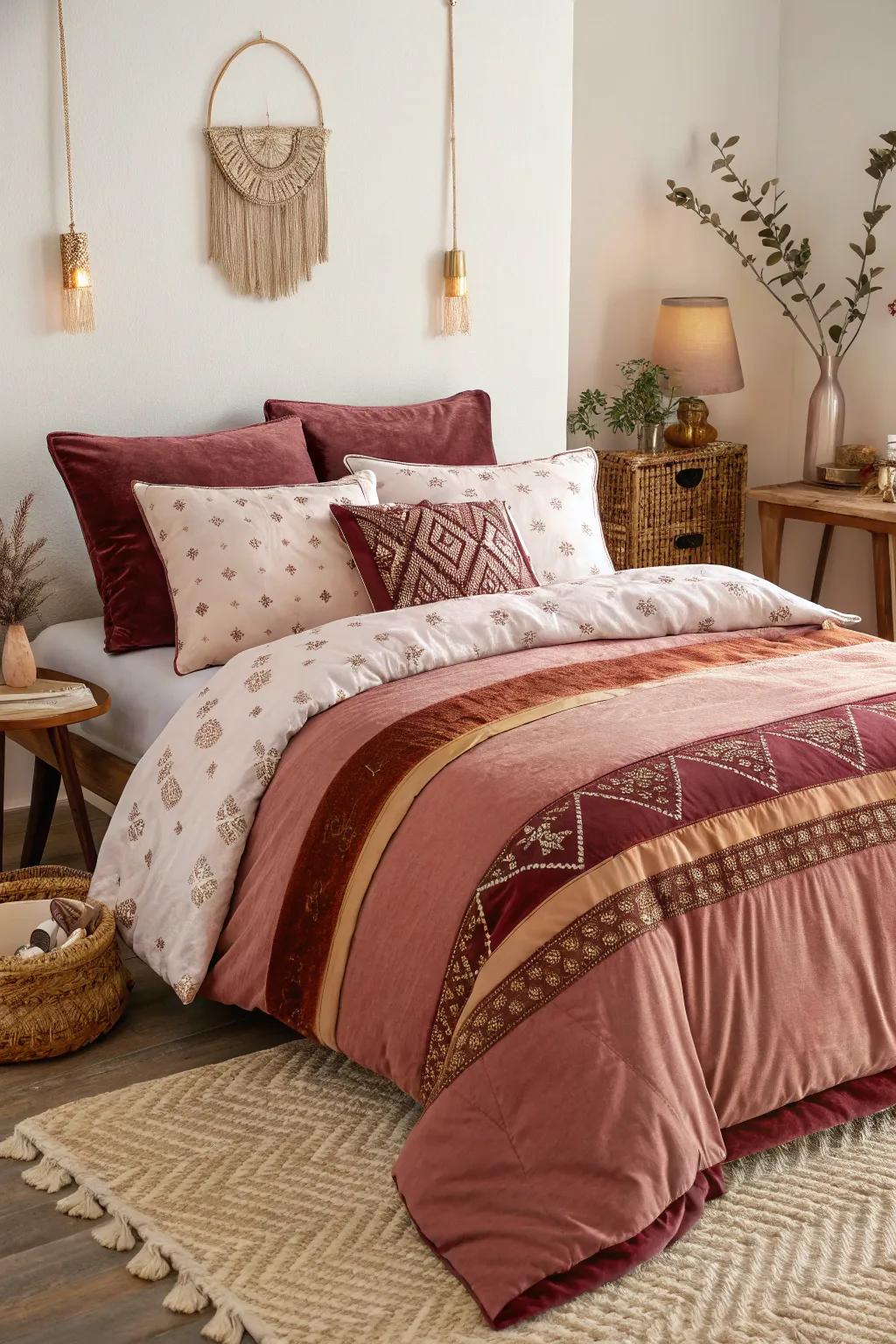 Wine and pink-tinted gold fabrics create a luxurious and welcoming bed.