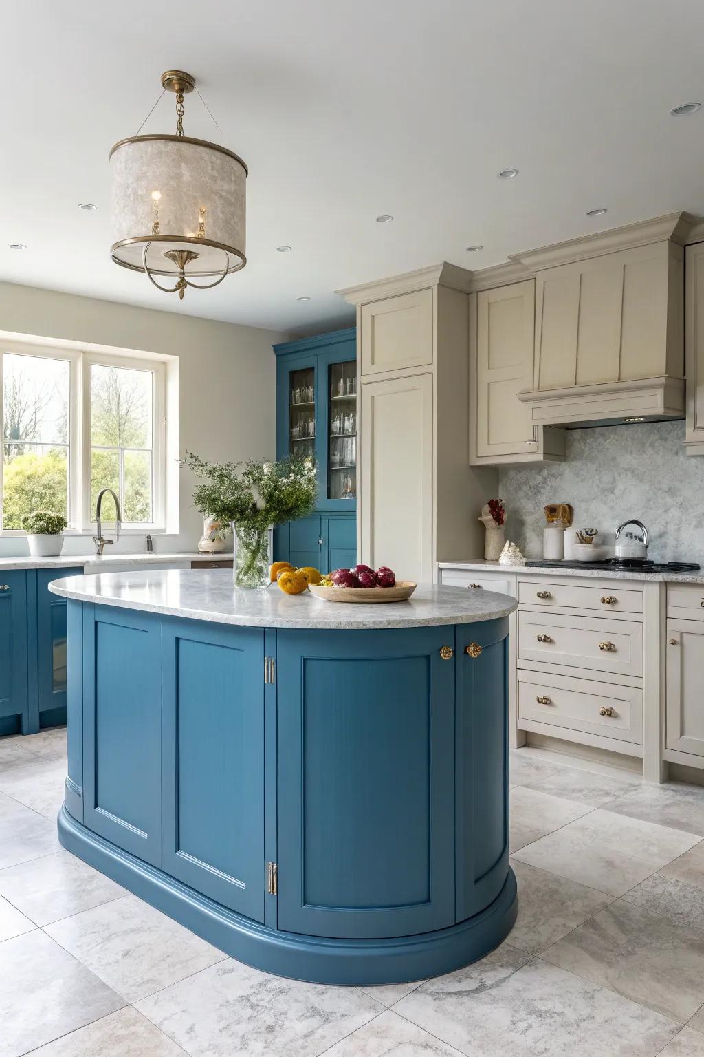 A burst of color provides excitement to a circular kitchen island.