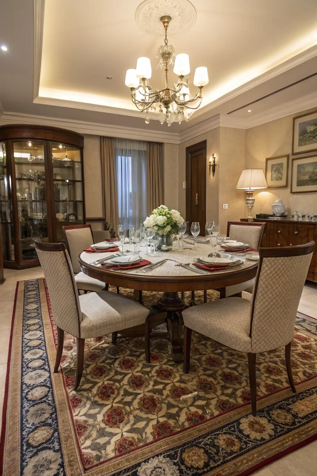 A rug can anchor your dining set and add a touch of sophistication.