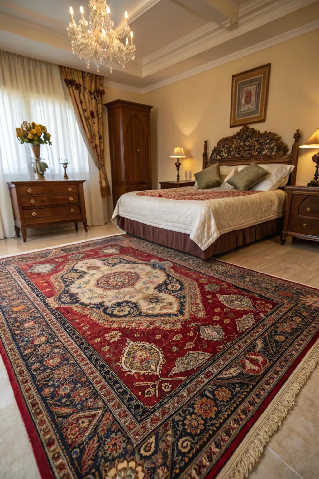 Traditional rugs add elegance and depth to any bedroom.