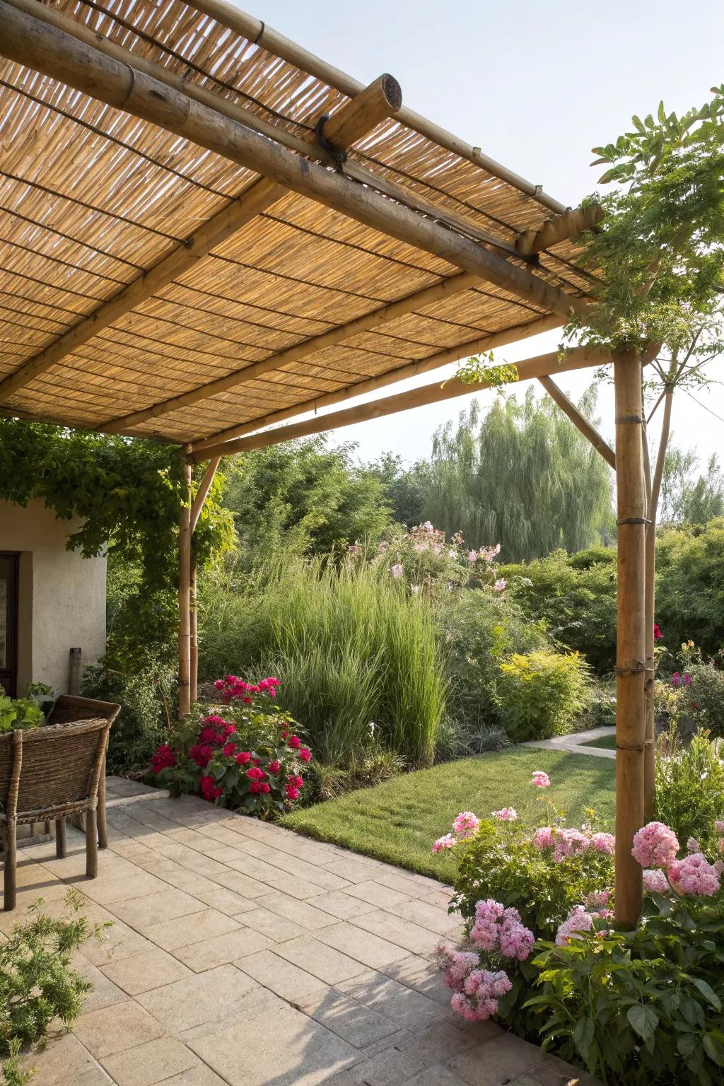 A bamboo awning brings in a serene, tropical vibe.