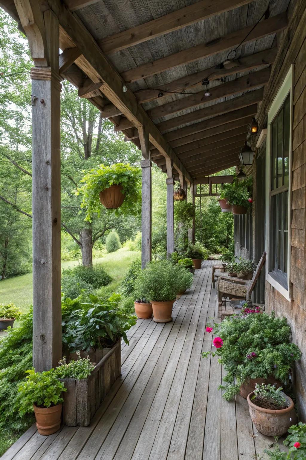 Lush potted plants bring vibrancy and color to your country porch.