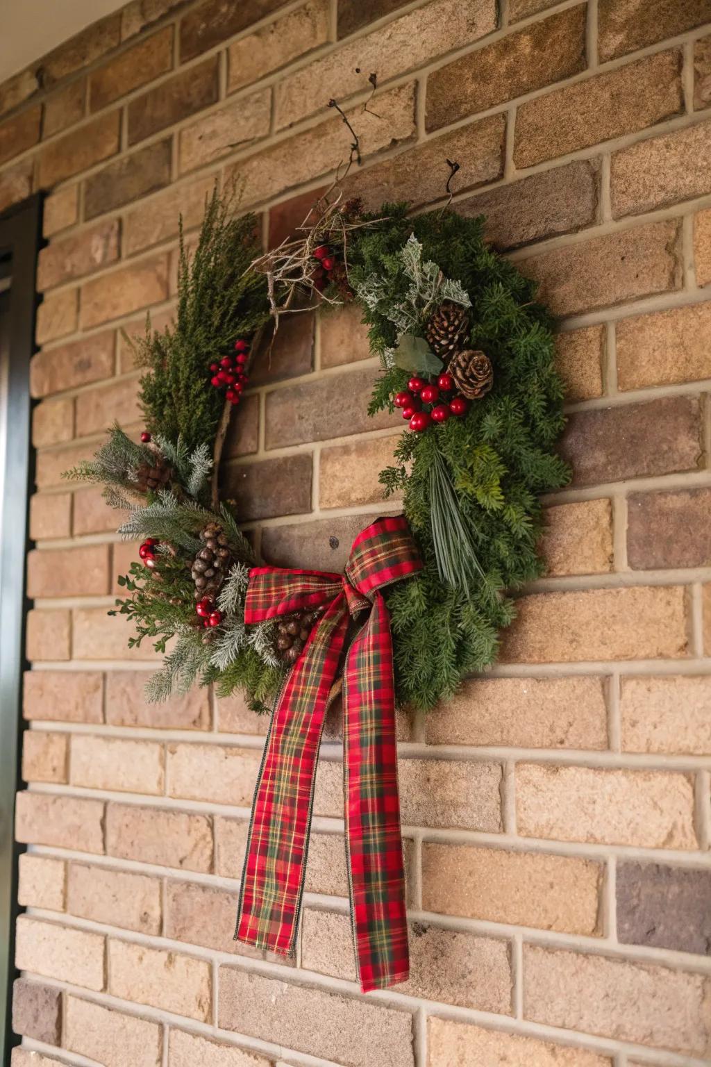 Plaid ribbons add to the charm of the holiday wreath.