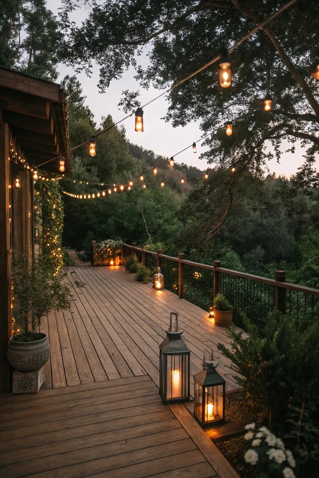 Cord lights and lights add a magical shine to this country deck.