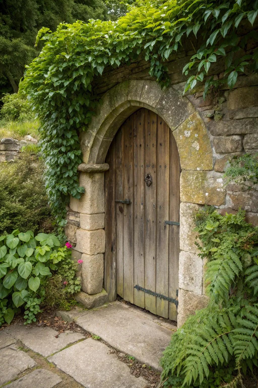 Wooden doors are enhanced by stone or brick framing, which amplifies their rustic charm.