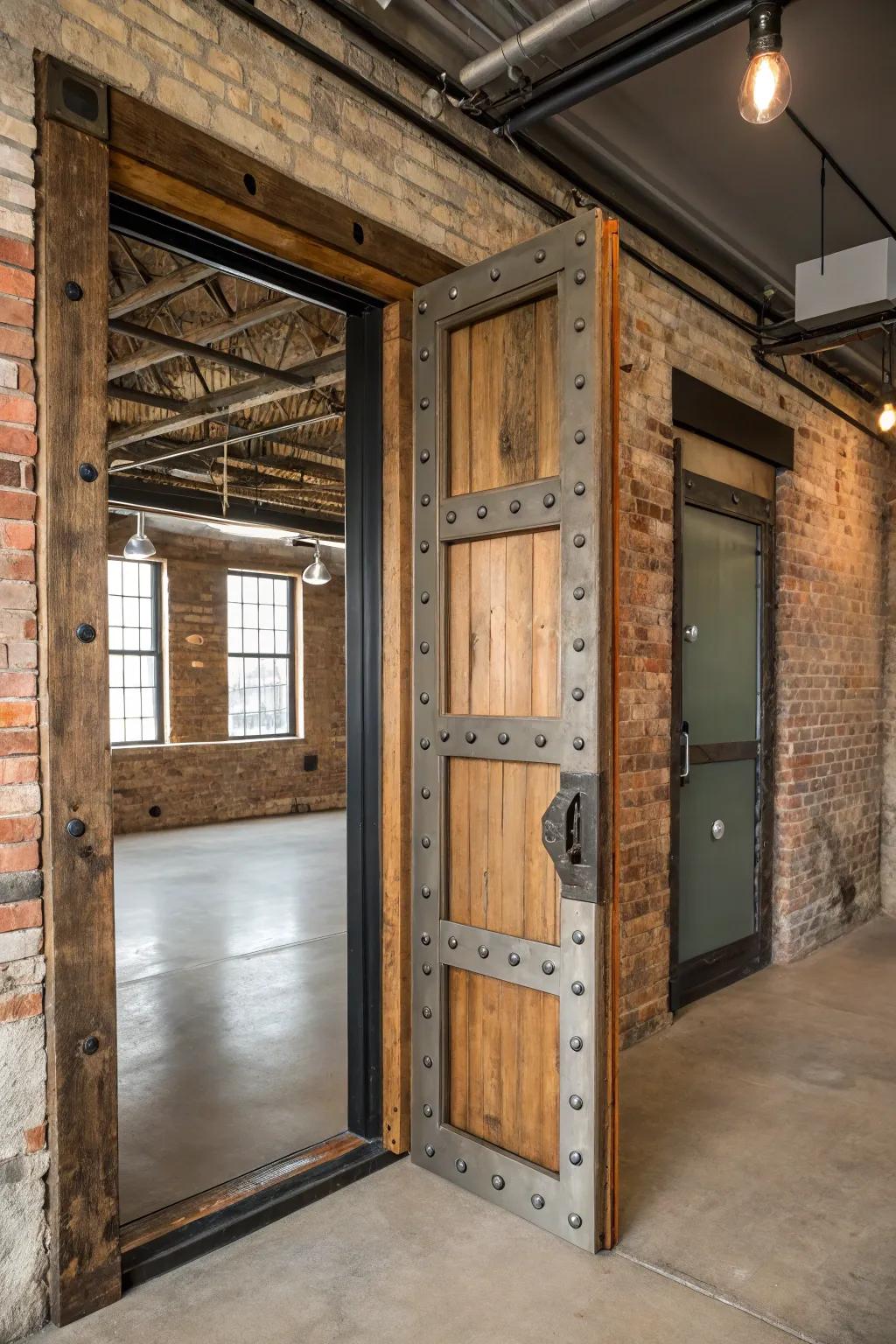 A door frame blending wood and metal for an industrial rustic look.