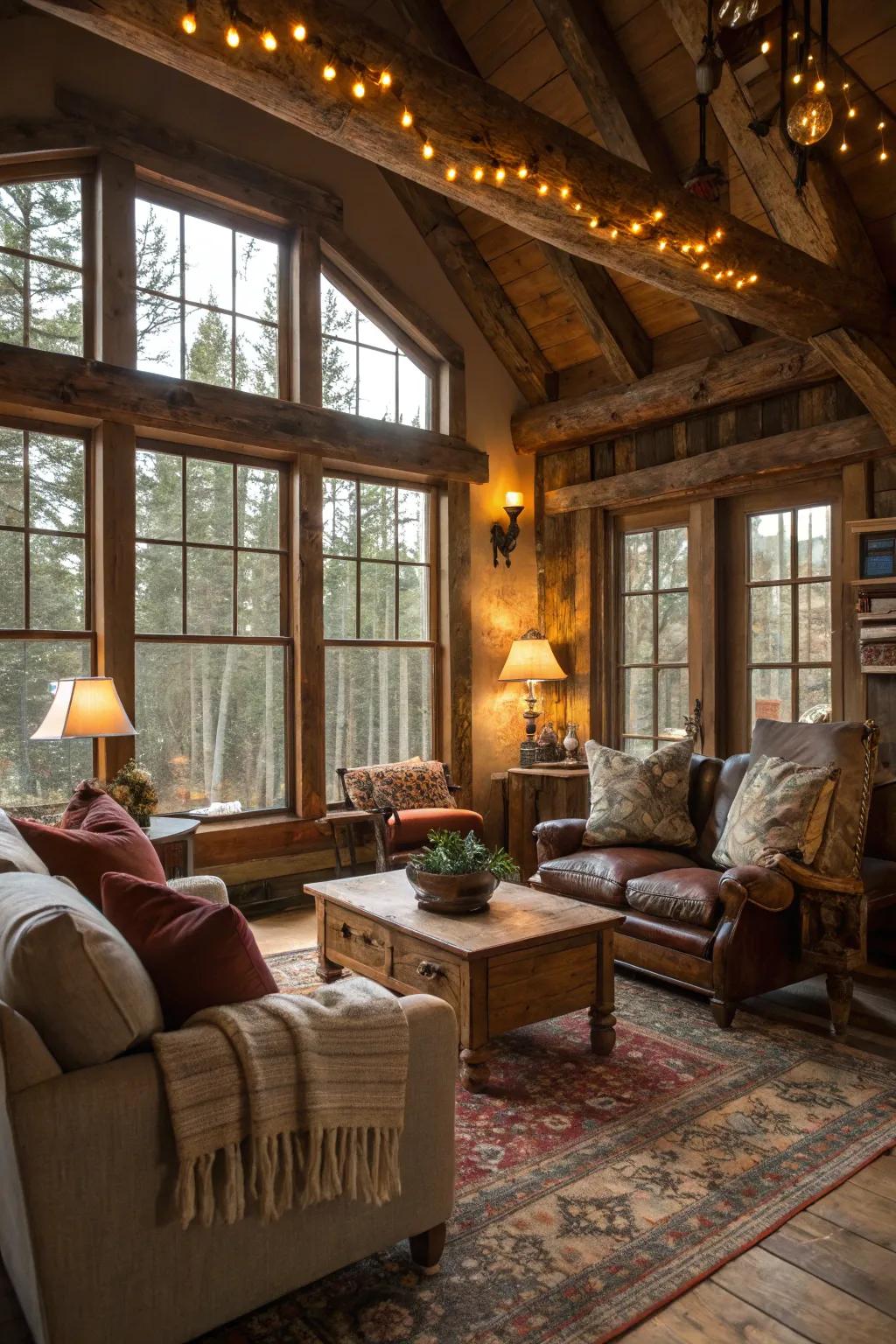 Gentle lighting and large windows improve the room's inviting ambiance.