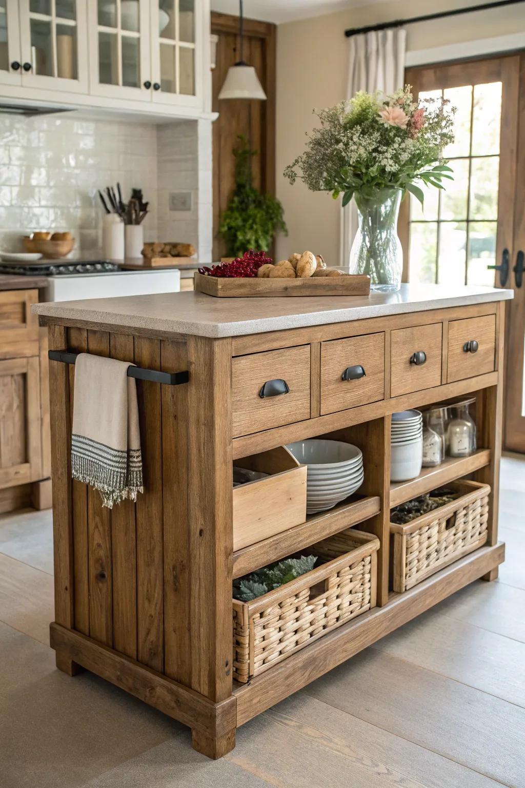 A practical farmhouse kitchen island with built-in drawers and keeping options.