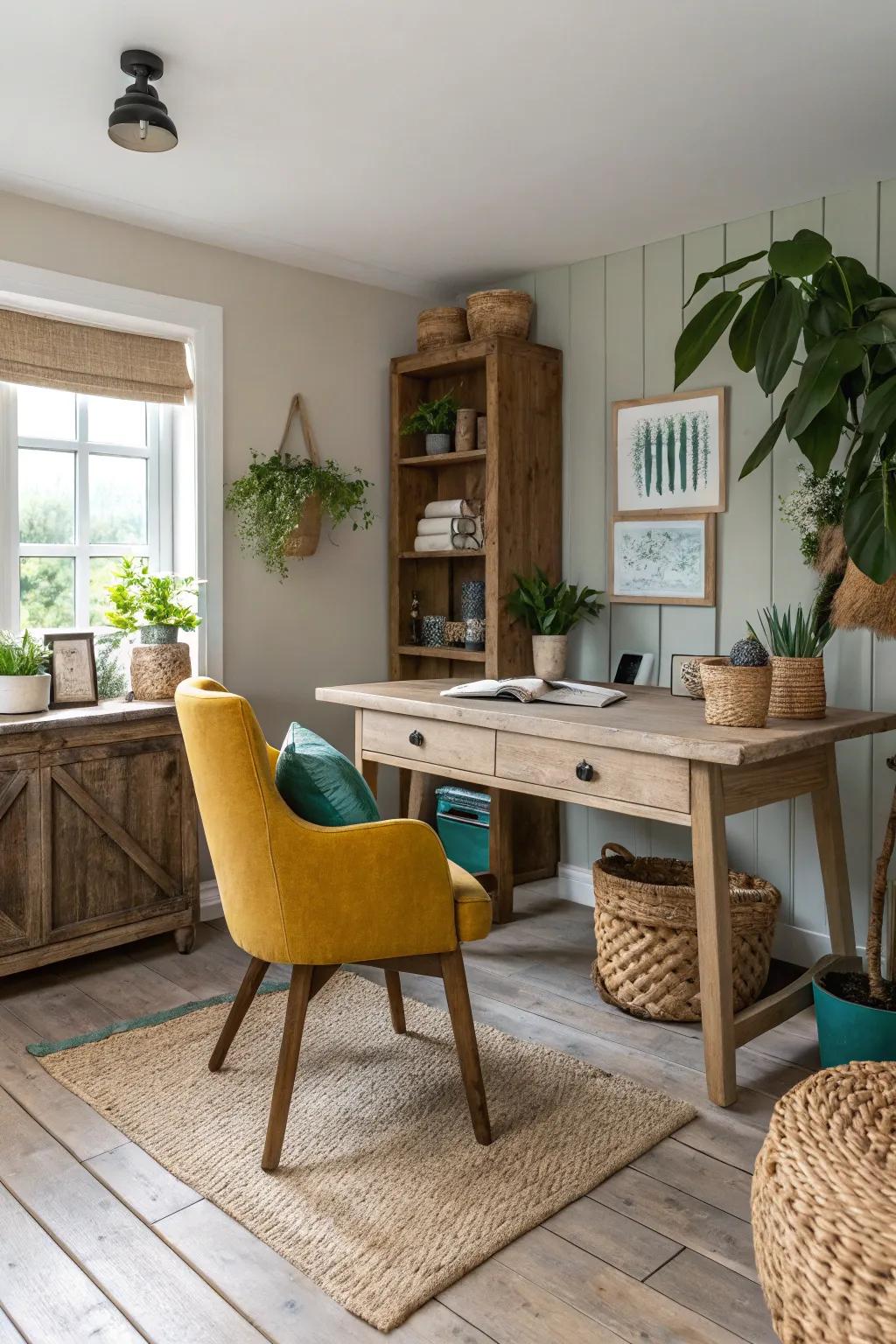 A neutral color scheme delivers tranquility and coherence to your farmhouse office. 🌿 #NaturalColors #OfficeInspiration