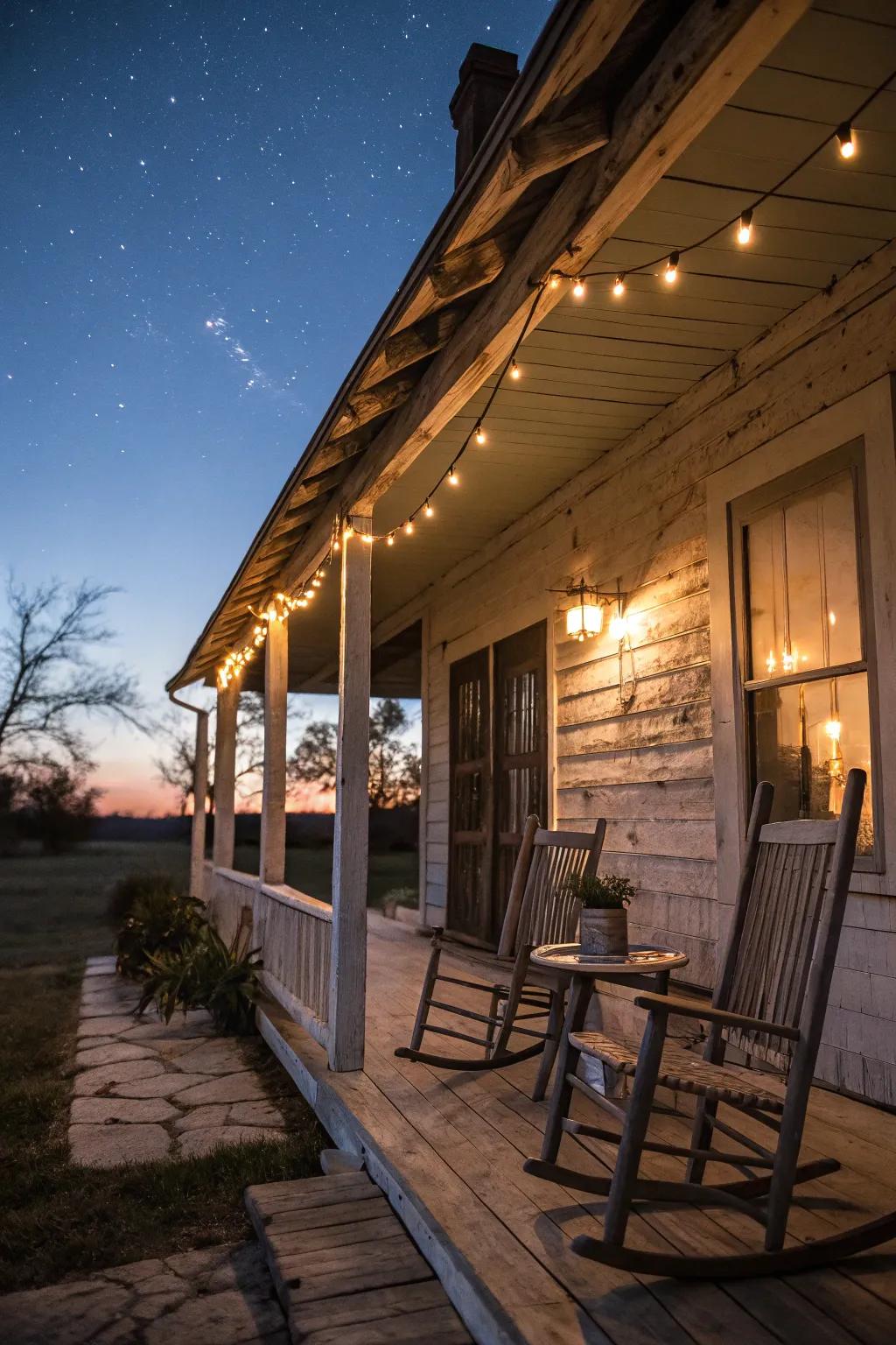 Tiny lights bring a magical warmth to this country porch.